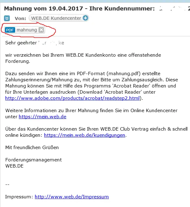 gefakte E-Mail Mahnung von web.de